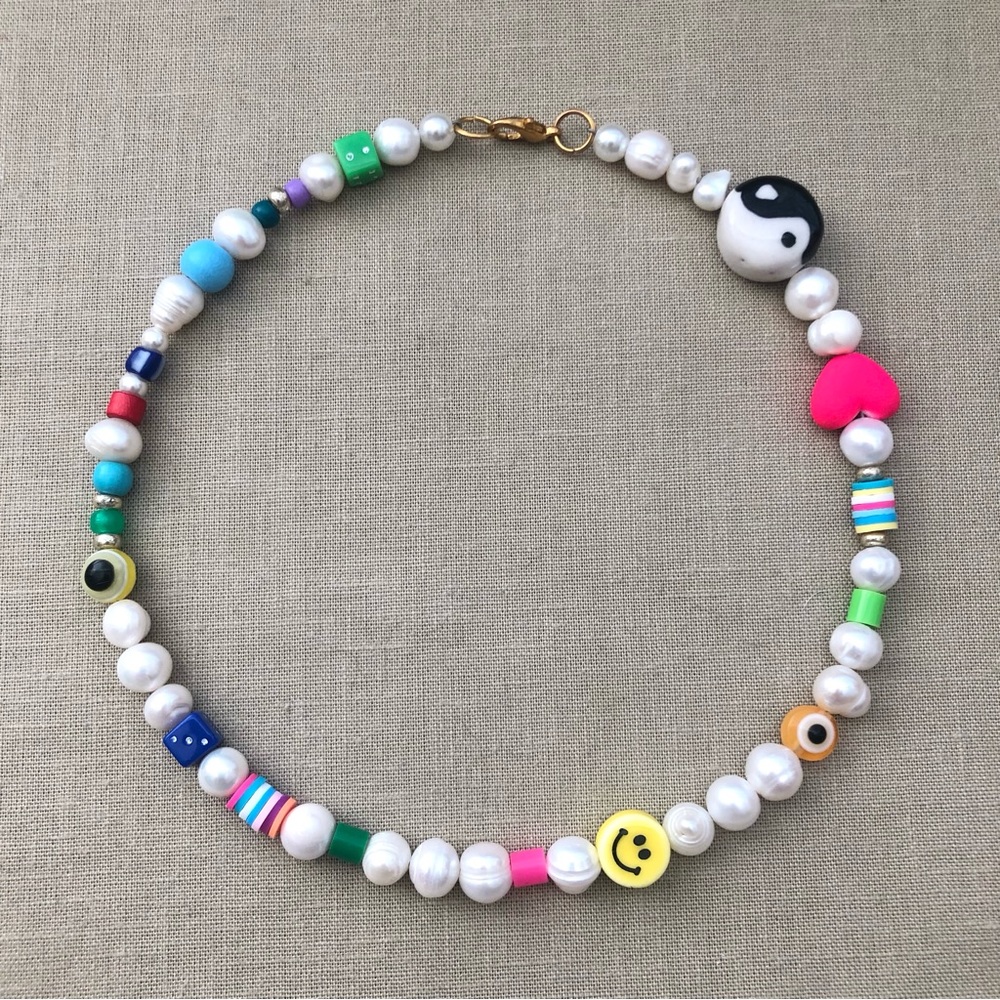 ✨NEW 🙂 REAL Pearls Smiley Yin Yang Evil Eye Trendy Choker Necklace